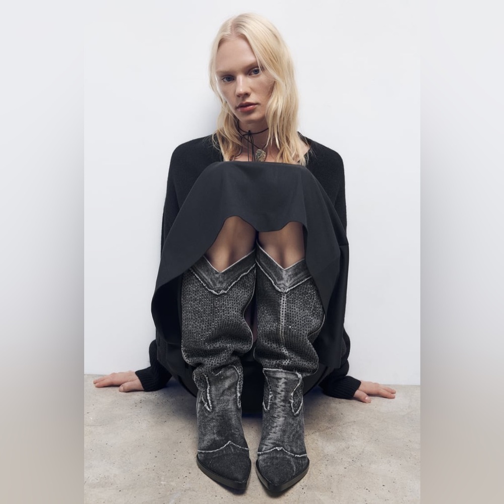 Zara Rhinestone Denim Cowboy Boots - Picture 8 of 10